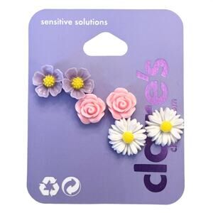 Claire’s Stud Earrings Pastel Carved Flower Daisy Rose Purple Pink Jewelry New